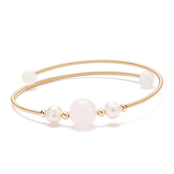 Natural Rose Quartz & Pearl Round Beaded Bangle
