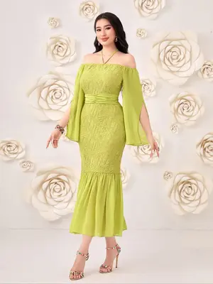 Women's Plain Patchwork Print Off Shoulder Dress, Elegant Fashion Casual Cloak Sleeve Dress for Daily Outdoor Wear, Women Dre...