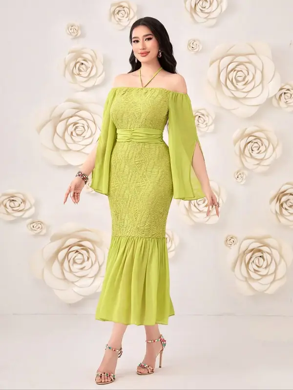 Women's Plain Patchwork Print Off Shoulder Dress, Elegant Fashion Casual Cloak Sleeve Dress for Daily Outdoor Wear, Women Dre...