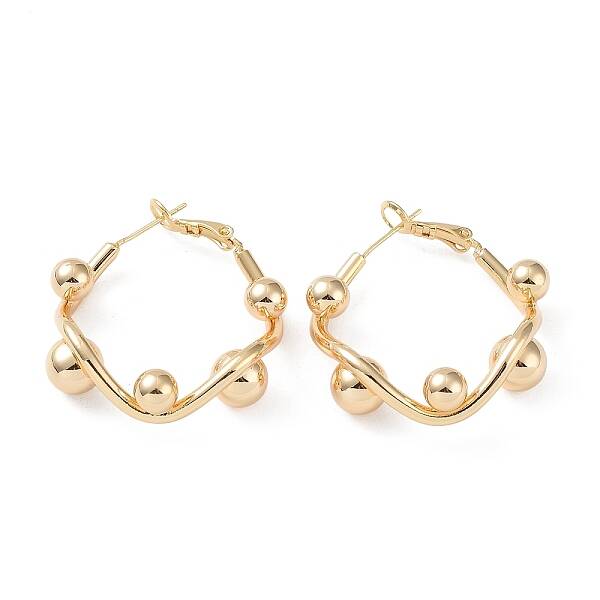 Brass Round Beaded Rhombus Hoop Earrings