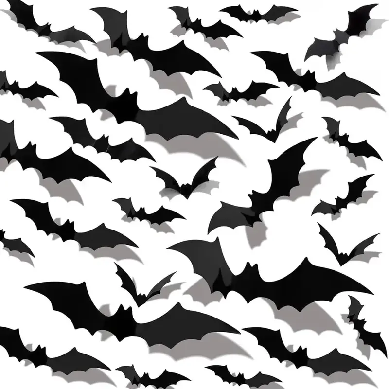 Halloween 3D Bats Decor Set - 60PCS Realistic Black PVC Stickers for Indoor Wall Decor & Halloween Party Supplies - 4 Sizes E...