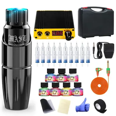 Mast Tour Tattoo Kit Pen Machine Power Supply Cartridges Needles Inks with Case DF366H