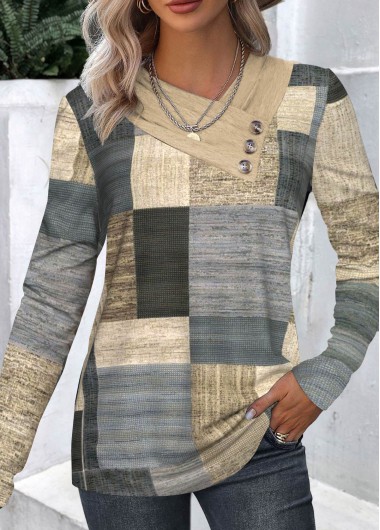 Modlily Multi Color Button Geometric Print T Shirt - L