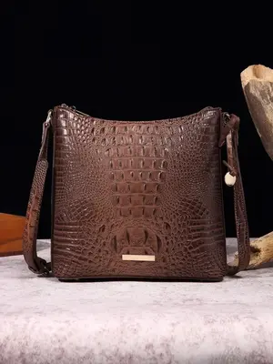 Vintage Crocodile Embossed Satchel Bag, Fashionable Ombre Crossbody Bag for Women, Metal Label Decoration Zipper Square Shoul...