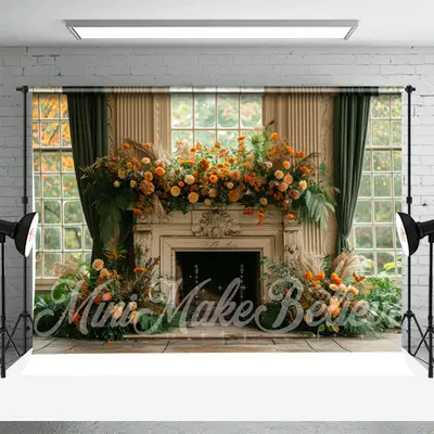 Green Curtain Fireplace Vintage Cake Smash Backdrop - Aperturee