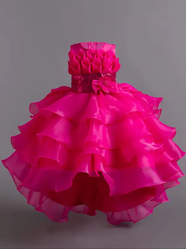 Girl's Contrast Mesh Bow Decor Tiered Layer Fit and Flare Dress, Elegant Sleeveless Round Neck Contrast Sequin Party Dress fo...