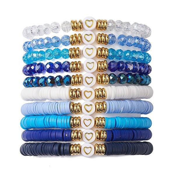 10Pcs Polymer Clay Disc & Glass & Brass Beaded Stretch Bracelets Set