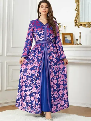 Women's Two-Piece Muslim Outfits, Modest Floral Print Belted Velvet Abaya & V Neck Long Sleeve Dress Set, Women's Islamic Clo...