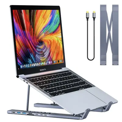 7-in-1 Laptop Stand with USB HUB, Multifunctional Laptop Computer Stand with SD/TF Slots, Foldable Monitor Riser Laptop Hol...