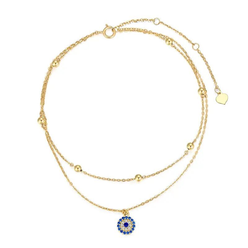 14K Gold Zircon Evil Eye Multi-layered Charm Anklet