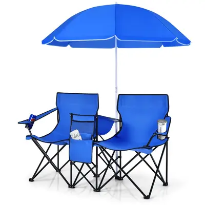 COSTWAY Double Portable Picnic Chairs, Folding Camping Chairs w/Detachable Umbrella, Cooler Bag, Cup Holders, Patio Beach Cam...