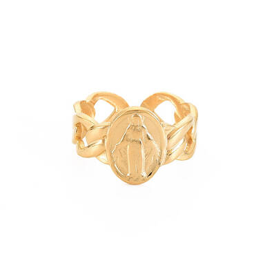 Ion Plating(IP) 304 Stainless Steel Flat Round with Virgin Mary Open Cuff Ring for Women