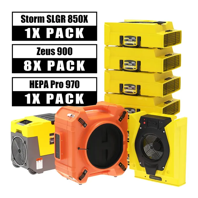 Alorair Water Damage Restoration Combo Pack, 1 X Storm SLGR 850X Commercial Dehumidifier, 8 X Zeus 900 Air Mover, 1 X HEPA Pr...