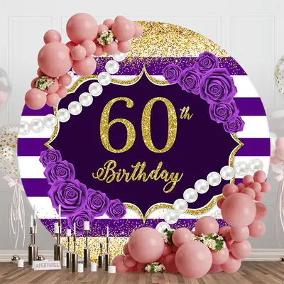 Round White Purple Stripe 60th Birthday Backdrop