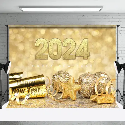 Aperturee Gold Glitter Bauble Star Happy New Year Backdrop