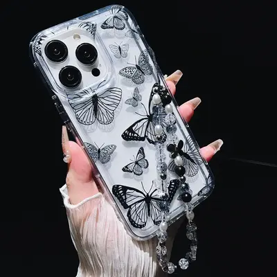 Butterfly Pattern Phone Case with Beaded Lanyard, Decorative Phone Protector Cover, Phone Accessories Compatible with iPhone ...