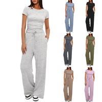 2025 Solid Color Casual Set Ruched Short Sleeve Top High Waist Wide Leg Pants Two Piece Pant Set Womenswear Clothes Suits Com...