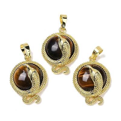 Natural Tiger Eye Flat Round Shaped Brass Pendants