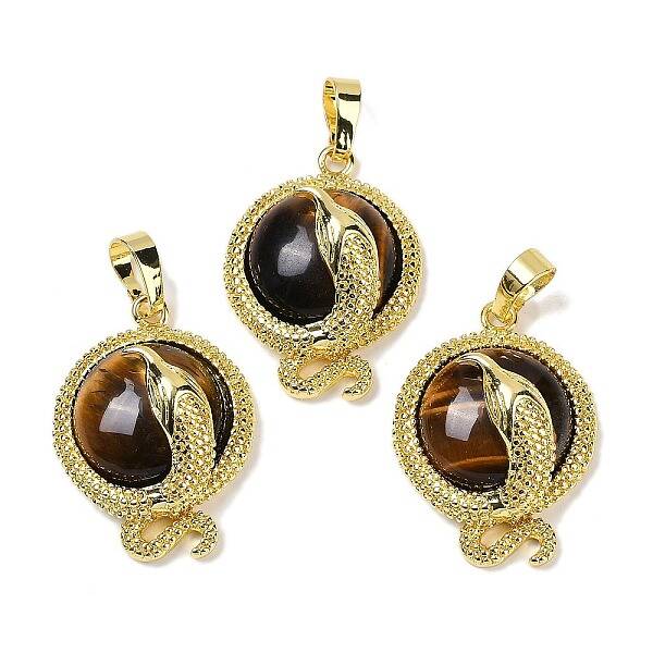 Natural Tiger Eye Flat Round Shaped Brass Pendants