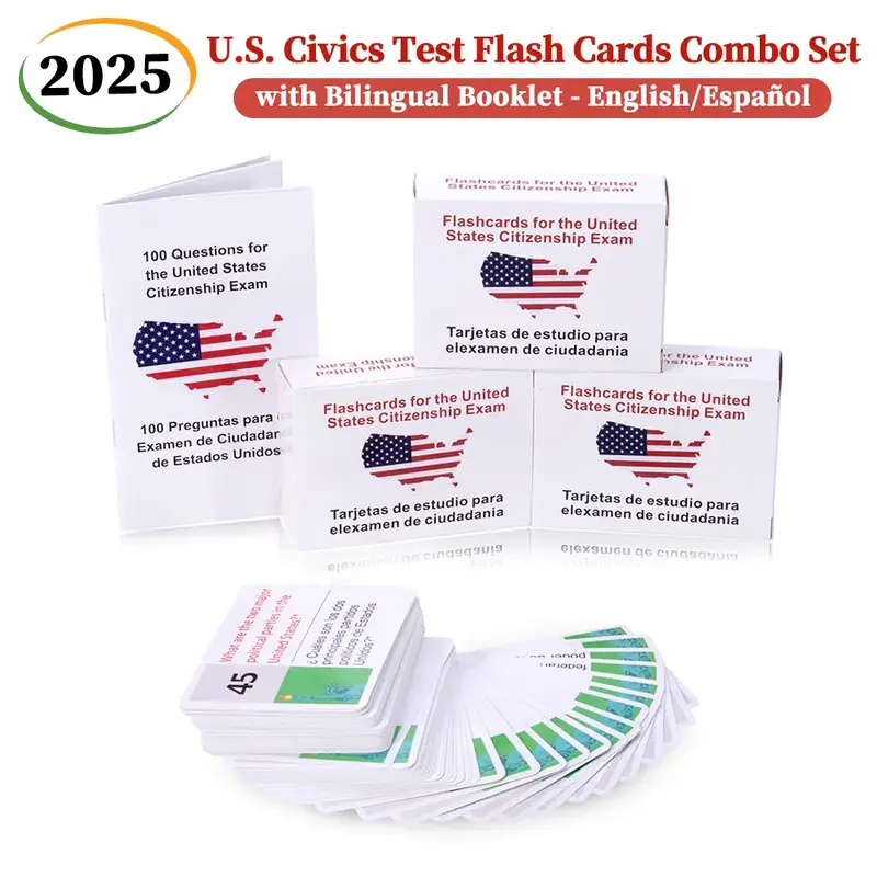 U.S. Civics Test Flash Cards Combo Set with Bilingual Booklet - English/Spanish Flashcards