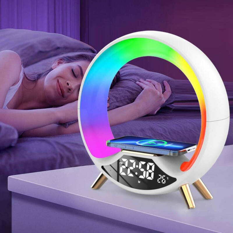 RGB Sunrise Wake Up Light with Wireless Charging, Bluetooth Speaker, Alarm Clock & Touch Control – Modern Smart Bedside Lam...