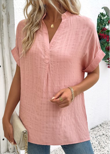 Modlily Dusty Pink Short Sleeve Split Neck Blouse - S