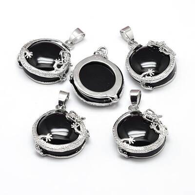 Flat Round with Dragon Platinum Plated Brass Natural Dyed & Heated Black Agate Pendants