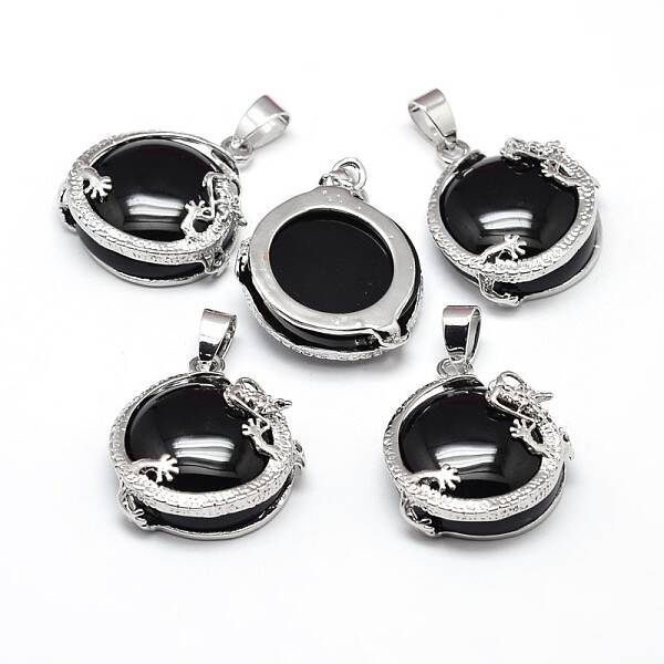 Flat Round with Dragon Platinum Plated Brass Natural Dyed & Heated Black Agate Pendants