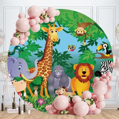 Aperturee Jungle Animals Round Happy Birthday Backdrop For Kids