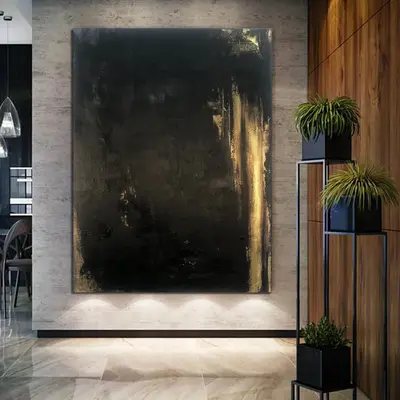 Large Original Wall Art Black Painting Gold Leaf Artwork Black Wall Art Paintings on Canvas Rich Texture Artwork | DARK ROOM