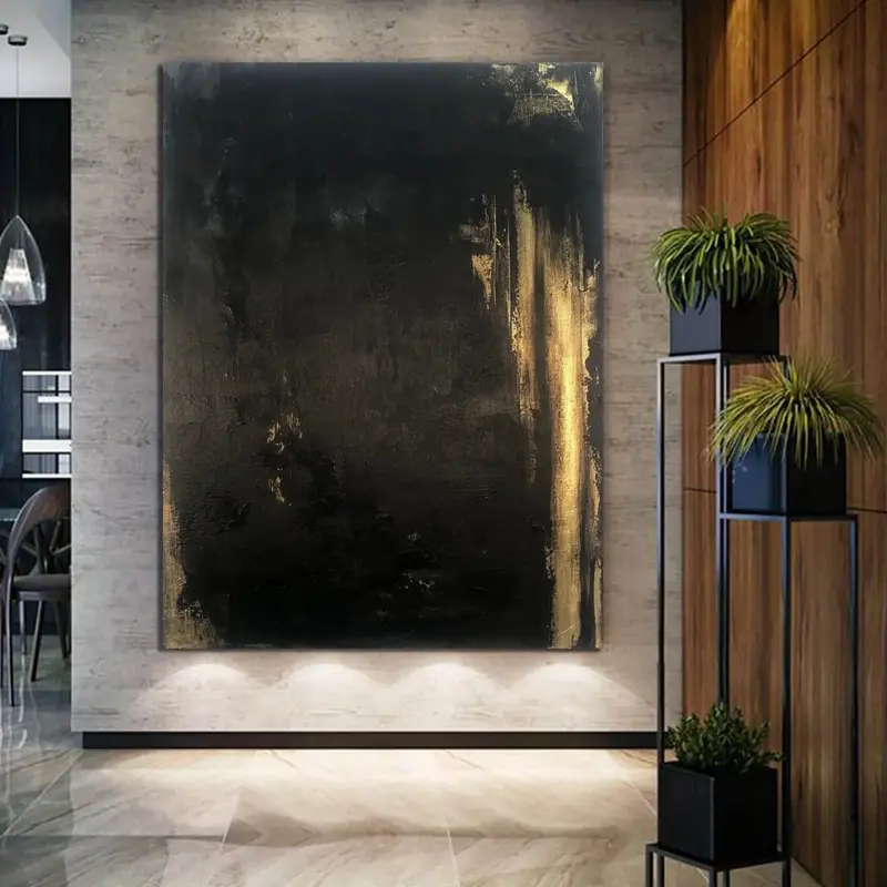 Large Original Wall Art Black Painting Gold Leaf Artwork Black Wall Art Paintings on Canvas Rich Texture Artwork | DARK ROOM
