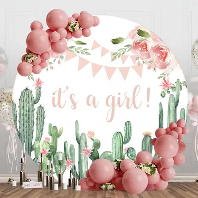 Its A Girl Cactus Floral Round Baby Shower Backdrop - Aperturee