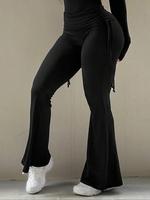 Women's Plain Ruched Drawstring Side Flare Leg Pants, Casual Comfy Bell Bottom Trousers for Daily Wear, Ladies Bottoms for Al...