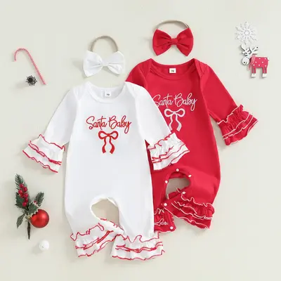 Infant Baby Girl Christmas Outfit Bow Letter Print Ruffle Long Sleeve Romper Bow Headband 2 Piece Set 0-18 Months