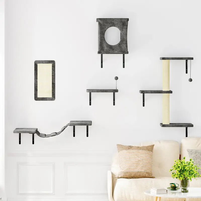 [dealsforyoudays] 5-Piece Wall Mounted Cat Climbing Set – Soft House, Cat Scratching Board, Cat Tree, Cat Hammock &  Cat Ju...