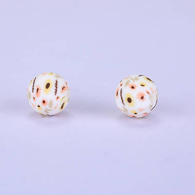 Printed Round with Sunflower Pattern Silicone Focal Beads