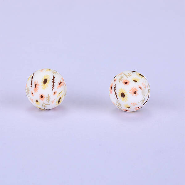 Printed Round with Sunflower Pattern Silicone Focal Beads