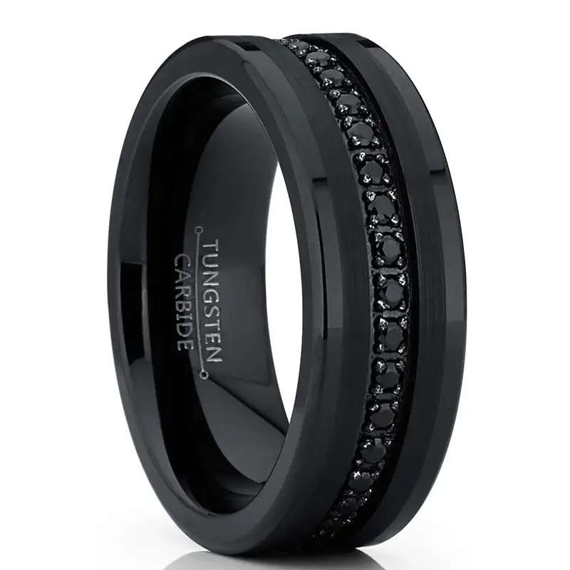 Men's Tungsten Black Wedding Band Eternity Ring Cubic Zirconia Comfort-Fit CZ