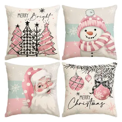 Christmas Themed Pillow Cover, 4 Counts/set Cartoon Pattern Cushion Cover without Filler, Decoration Supplies for Home Living...