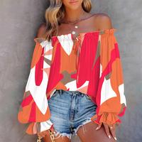 ChicMe Women's All Over Print Off Shoulder Lantern Sleeve Frill Hem Blouse Casual Top