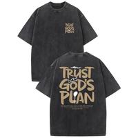 Men's Trust God's Plan Vintage Washed High Quality Cotton Patterned Tee Old Summer Clothing Drop Shoulder Sleeve Round Neck T...