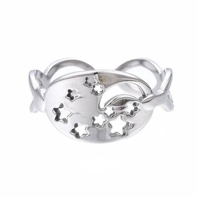 Non-Tarnish 304 Stainless Steel Moon and Star Open Cuff Ring