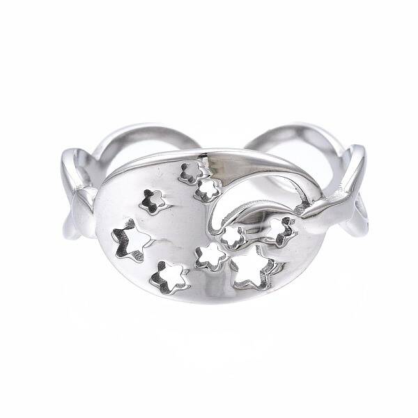 Non-Tarnish 304 Stainless Steel Moon and Star Open Cuff Ring