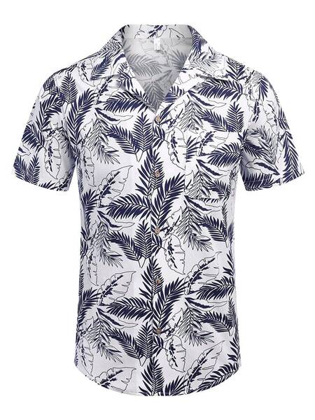 Hawaiian Floral Beach Shirts (US Only), White- Palm Leaf / XXL