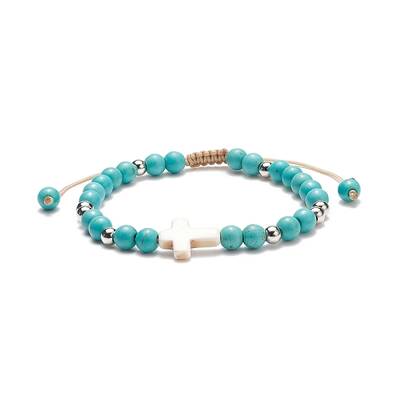 Synthetic Turquoise(Dyed) Braided Bead Bracelet with Synthetic Magnesite Cross