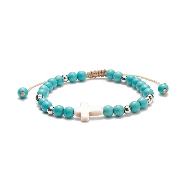 Synthetic Turquoise(Dyed) Braided Bead Bracelet with Synthetic Magnesite Cross