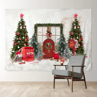 Aperturee Red Post Box Door Beige Wall Christmas Backdrop