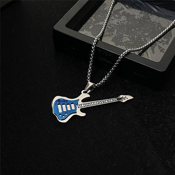 201 Stainless Steel Guitar Pendant Box Chain Necklaces