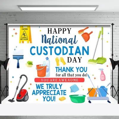 Cleaning Tools Happy National Custodian Day Backdrop