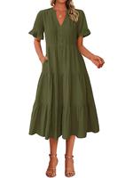 BTFBM Summer Dresses for Women 2025 Vacation V Neck Ruffle Short Sleeve A Line Tiered Flowy Casual Midi Beach Dress